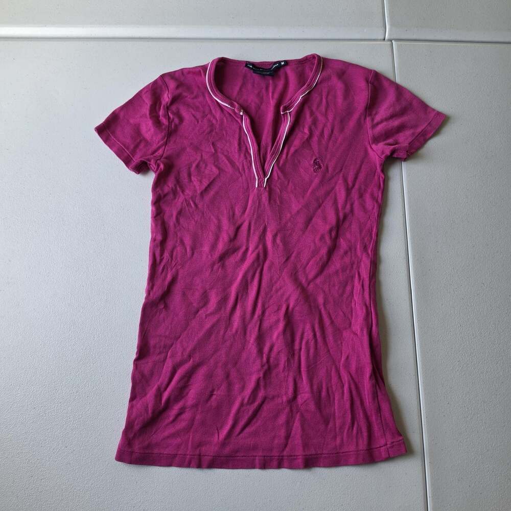 Y2K Ralph Lauren Sport Tee Shirt Womens Medium Pink V Neck Embroidered Pony Top